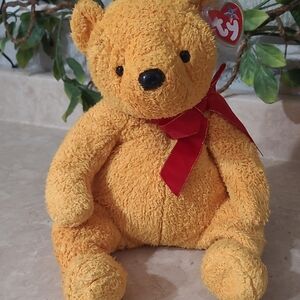 Ty Beanie Buddies Poopsie Bear Plush 12" Yellow Teddy Red Ribbon w/ Tag